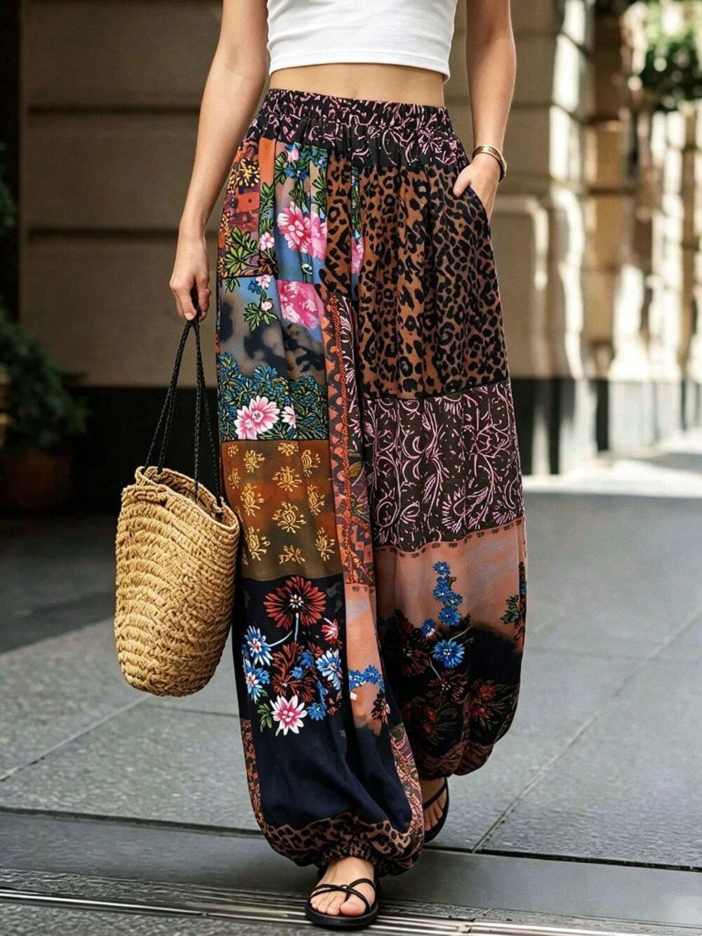 Multicolor Boho Women's Casual Drawstring Lantern Pants
